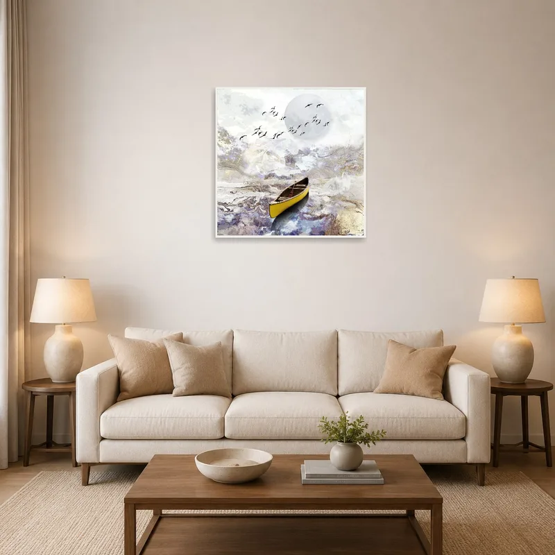 Art print of a canoe on dreamy waters above a cozy living room sofa.