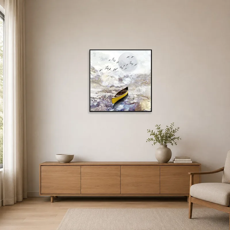 Canoe on ethereal waters art in a minimalist room with simple furnishings.
