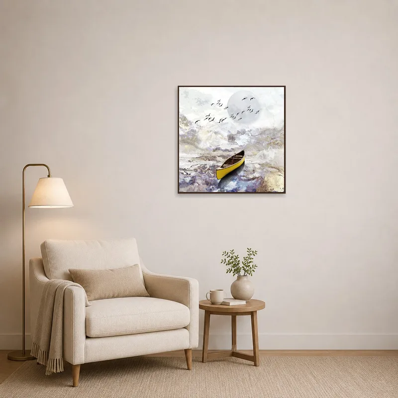 Canoe print adds tranquility to a snug reading corner ambiance.