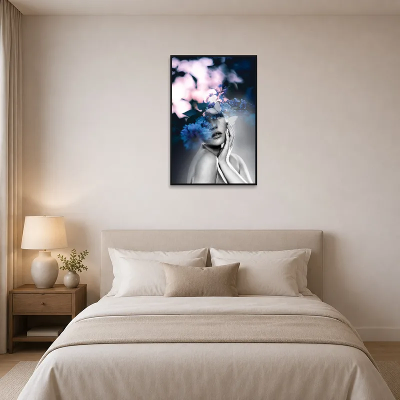 Elegant floral double exposure art adds serenity to the bedroom decor.
