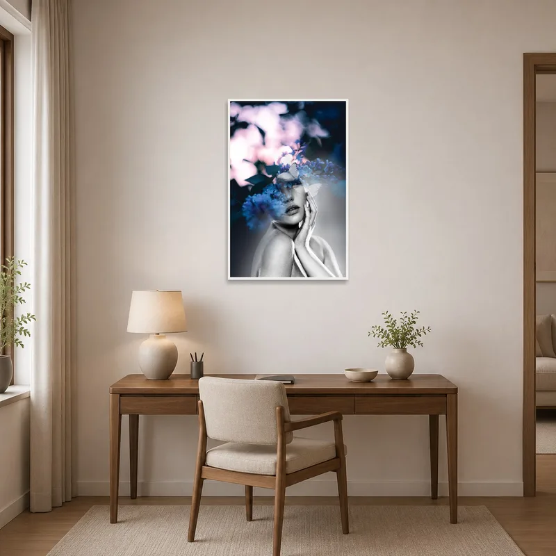Dreamy floral-themed double exposure art enhances a stylish home office.