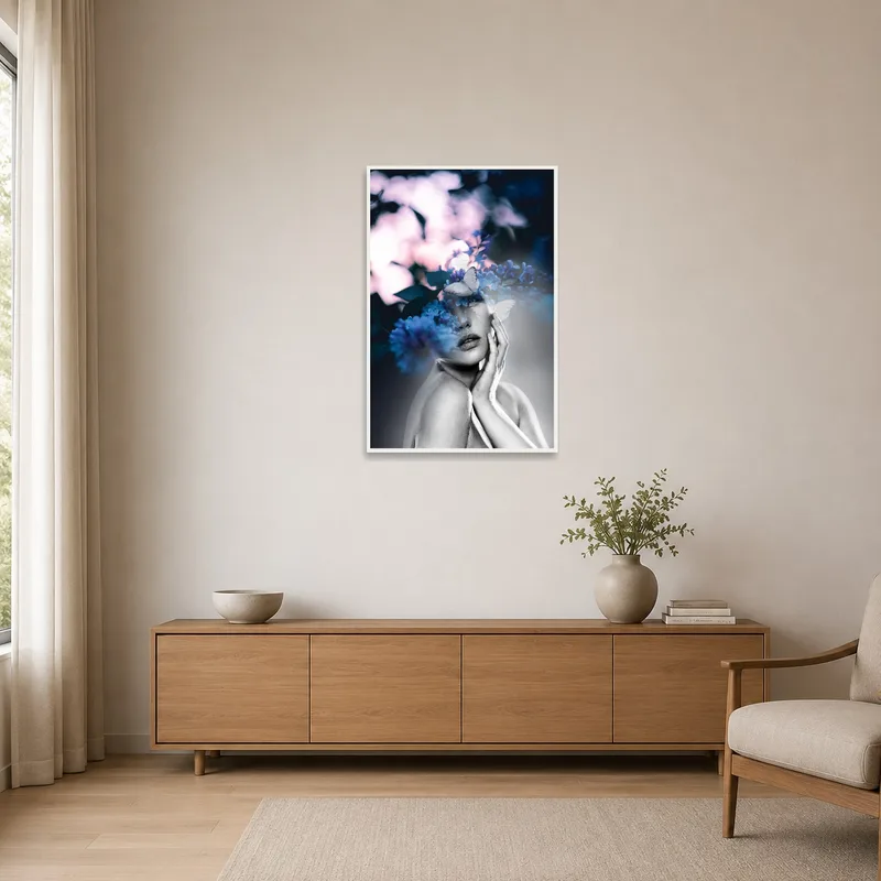 Floral-themed double exposure art complements white walls in a minimalist space.