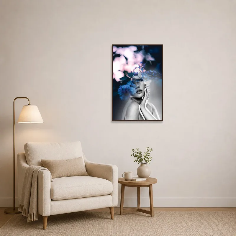 Double exposure artwork with flowers brightens a cozy reading corner.