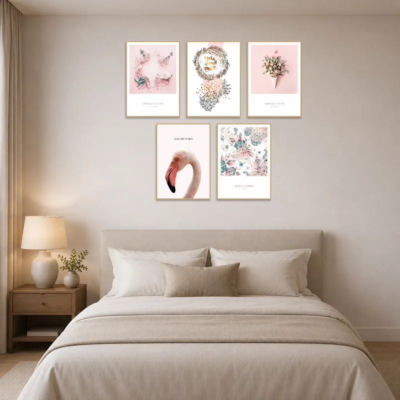 Bedroom walls decorated with floral and nature prints for a serene feel.