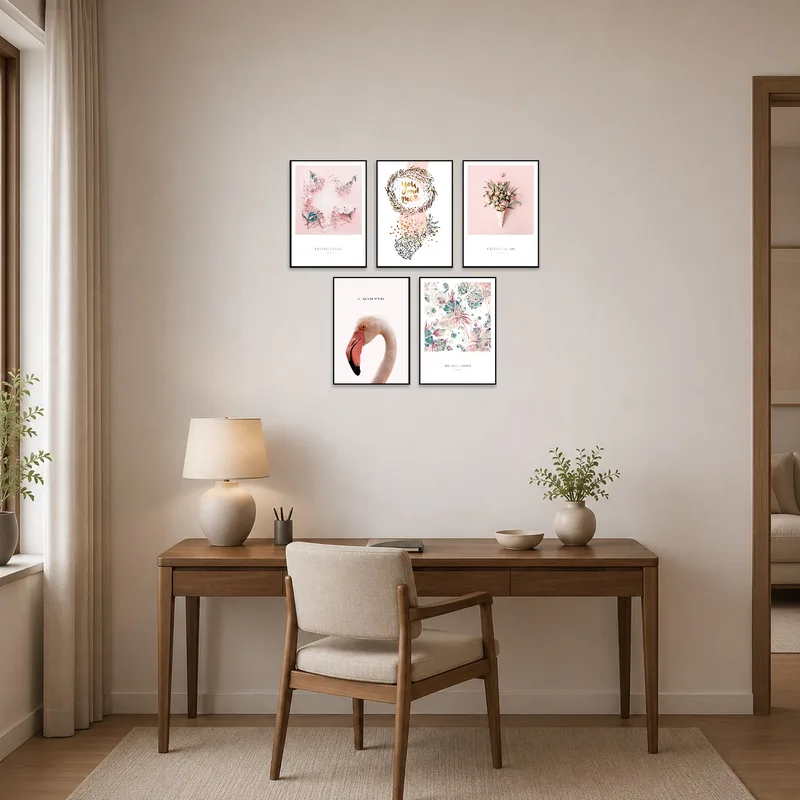 Home office enriched with floral prints, fostering a nature-inspired workspace.