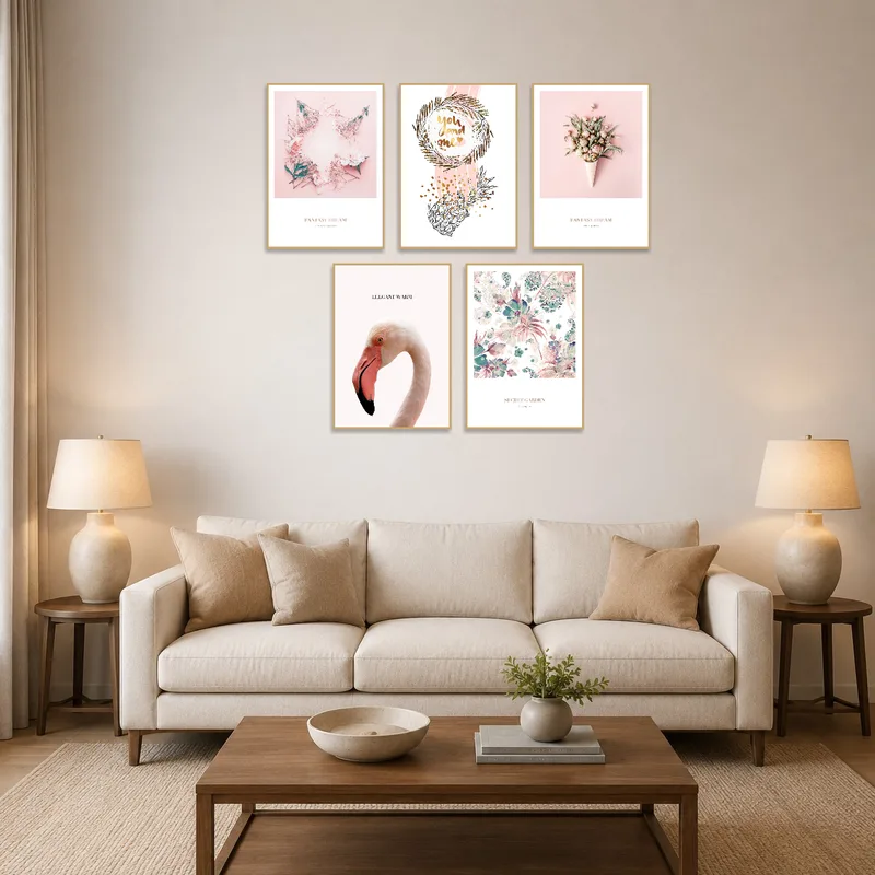 Floral art print set enhances a cozy living room with vibrant nature elements.