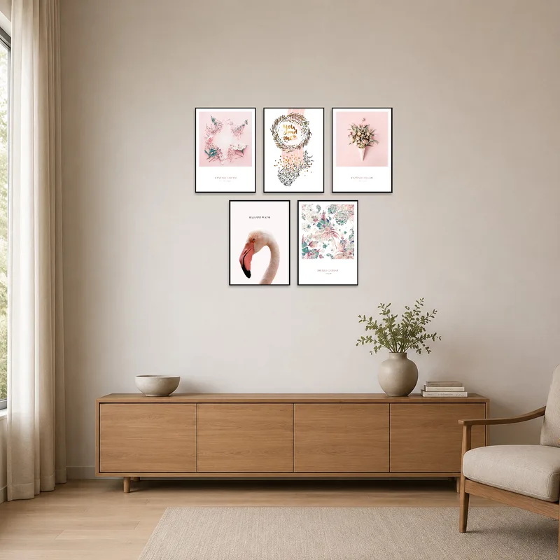 Minimalist space with nature prints adding subtle floral beauty.