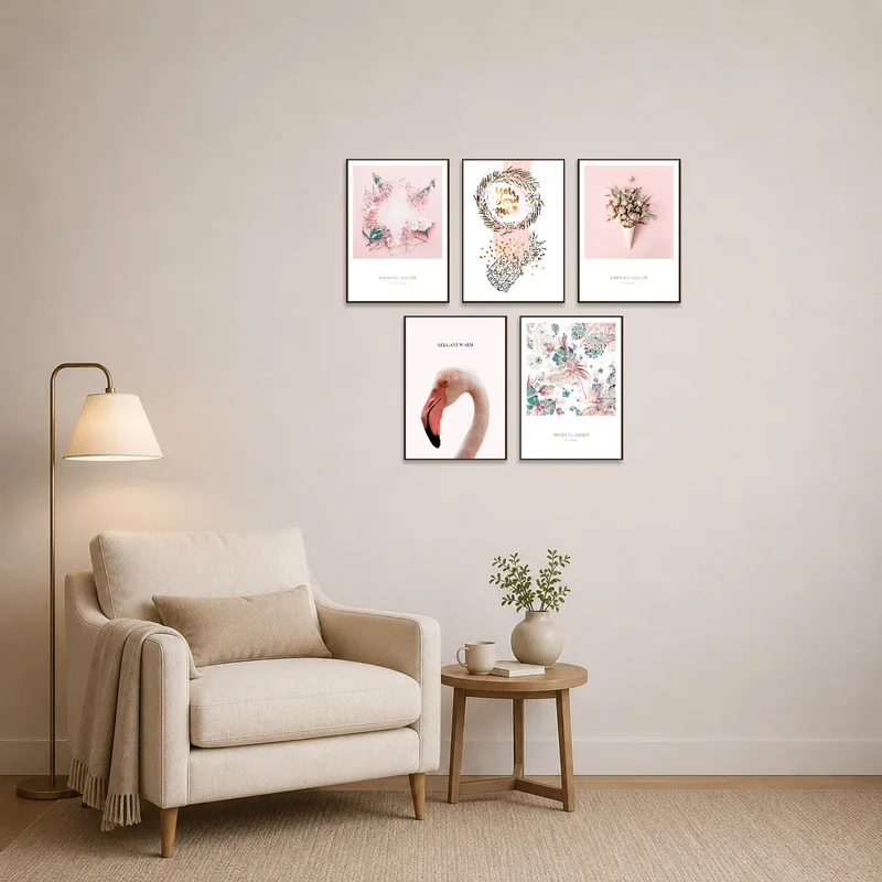 Reading corner brightened by floral art set, adding tranquil nature vibes.