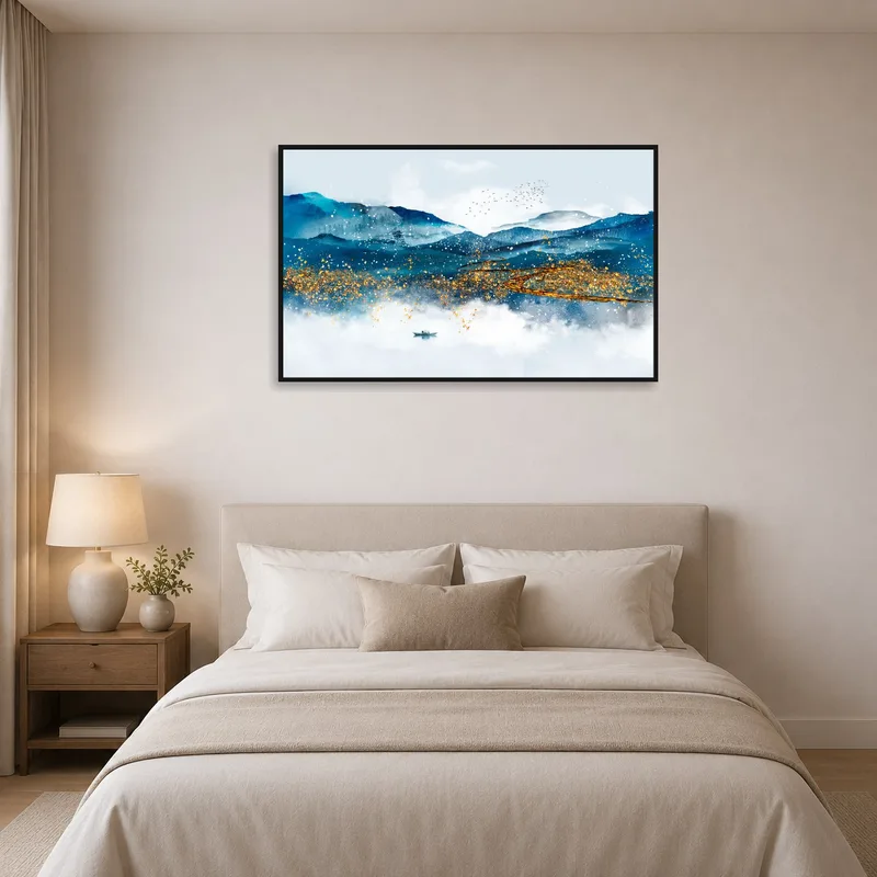 Dreamy mountain landscape creating a calming ambiance in a bedroom.