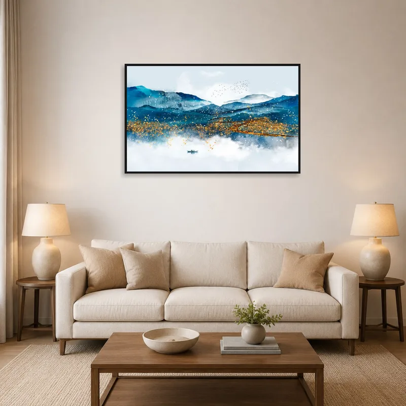 Mountain landscape with river and mist in a cozy living room.