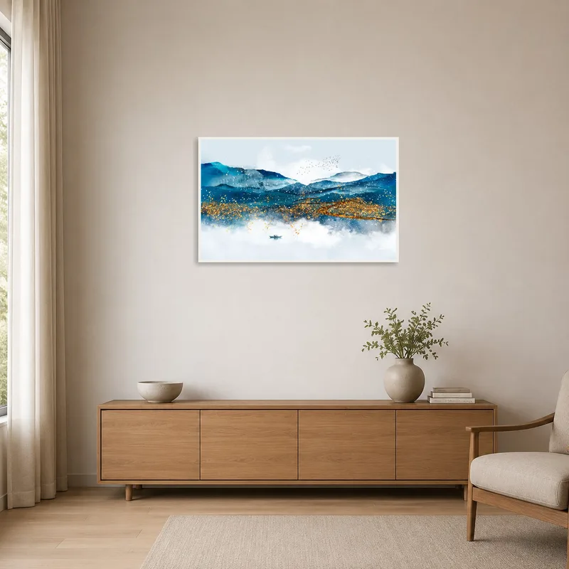 Simplistic mountain scene with mist, enhancing a minimalist space.