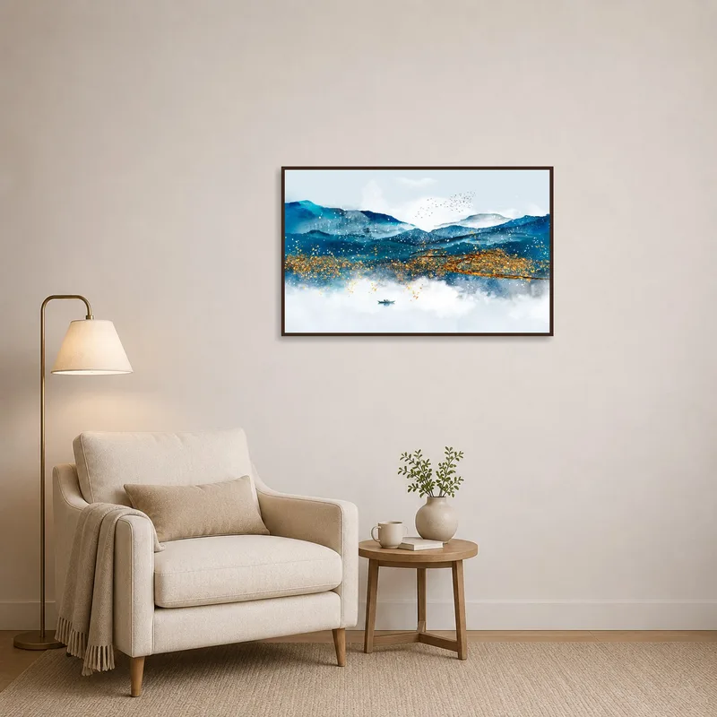 Serene mountain scene adds charm to a reading corner.