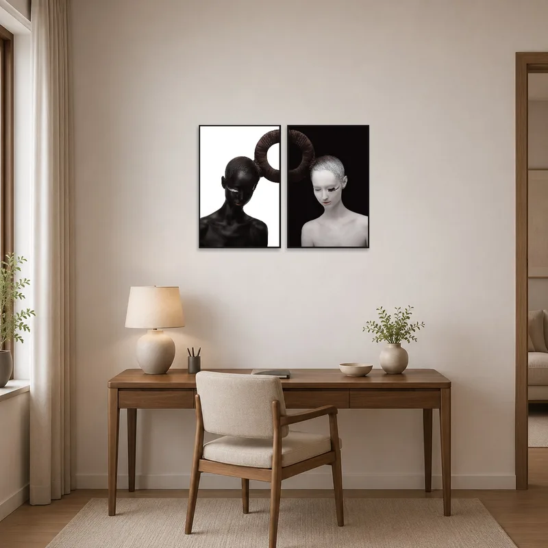 The art set accentuates a professional home office setting.