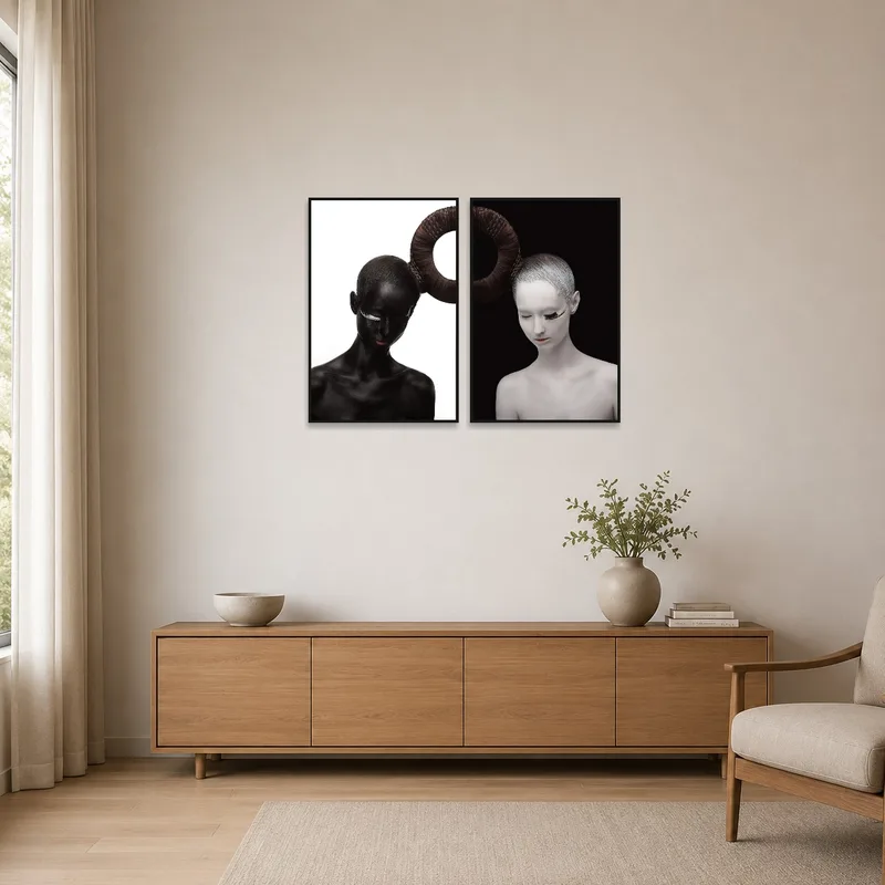 The art set enhances a minimalist space with its striking duality.