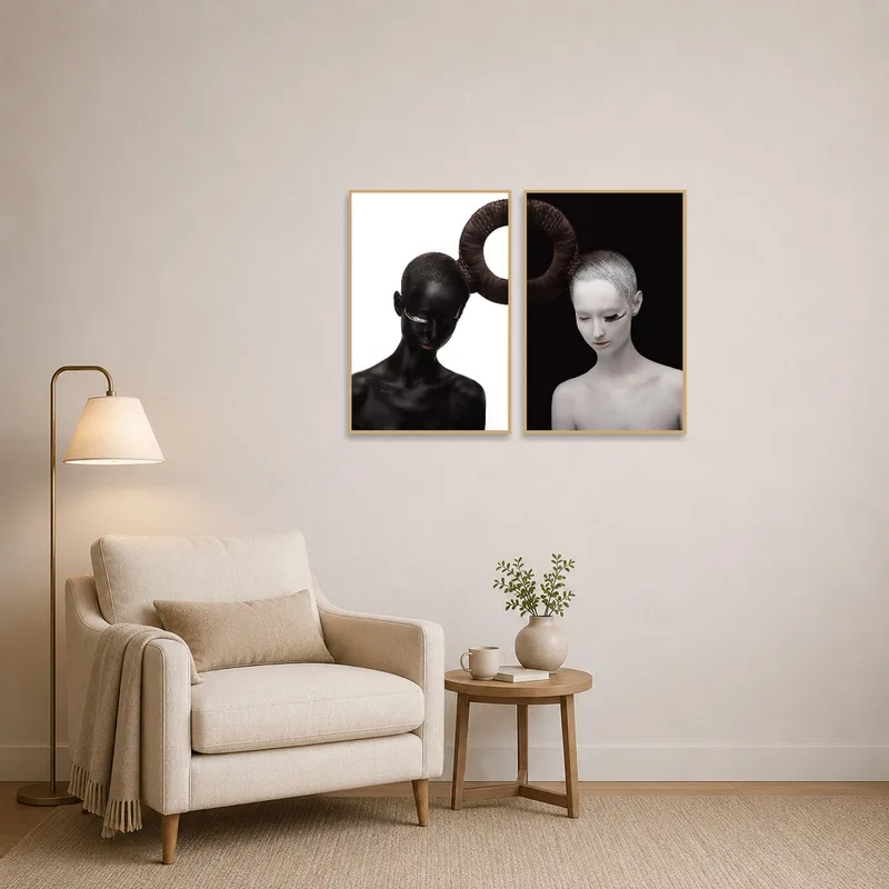 Art set complements a cozy reading corner with contrast.