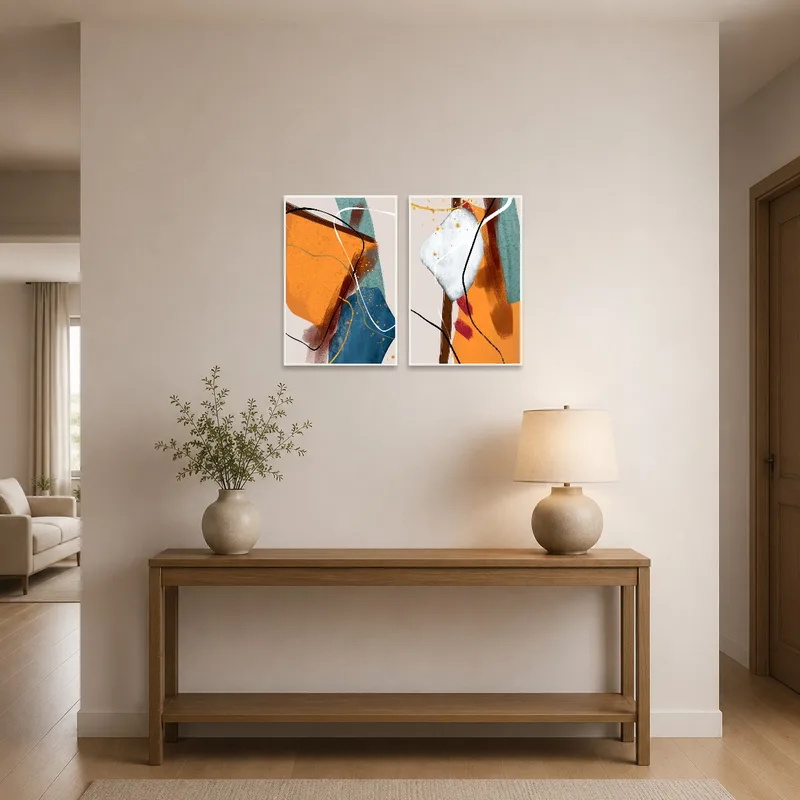 Dynamic abstract pieces greet visitors in the entrance hall.