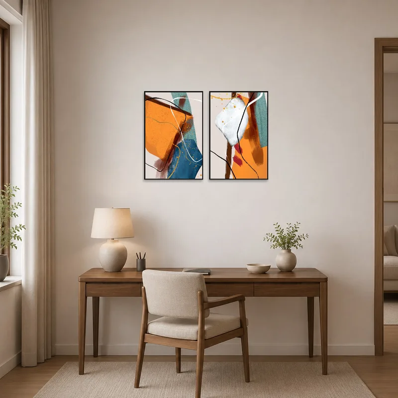 Dynamic abstract set enlivens the organized home office.