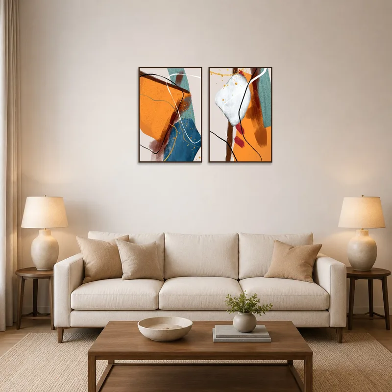 Bold abstract art set adds a vibrant touch above the modern sofa.