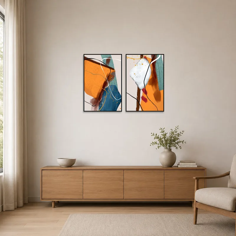 Abstract art set contrasts with the minimalist white walls.