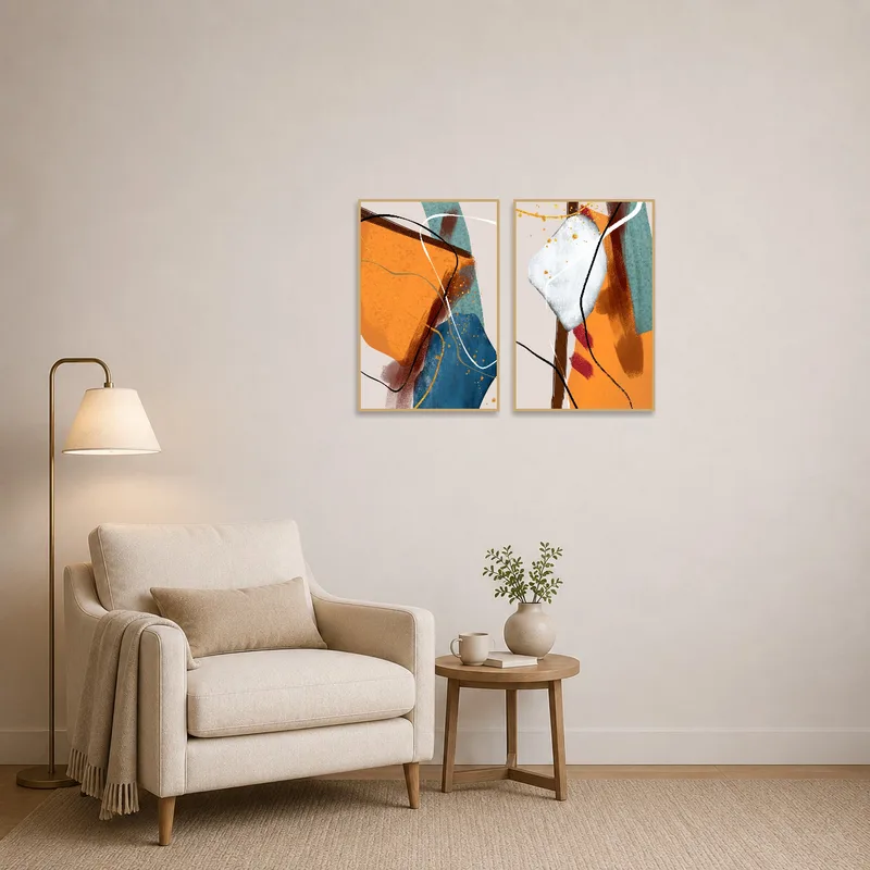 Vivid abstract art brings energy to the cozy reading nook.