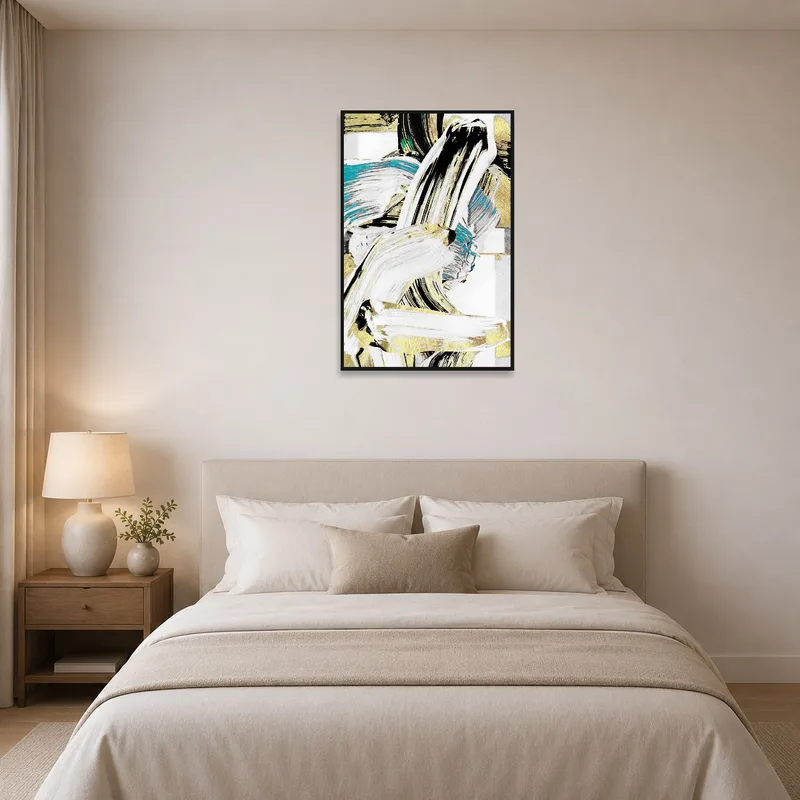 Bedroom with a dynamic abstract brushstroke art adding energy to the space.