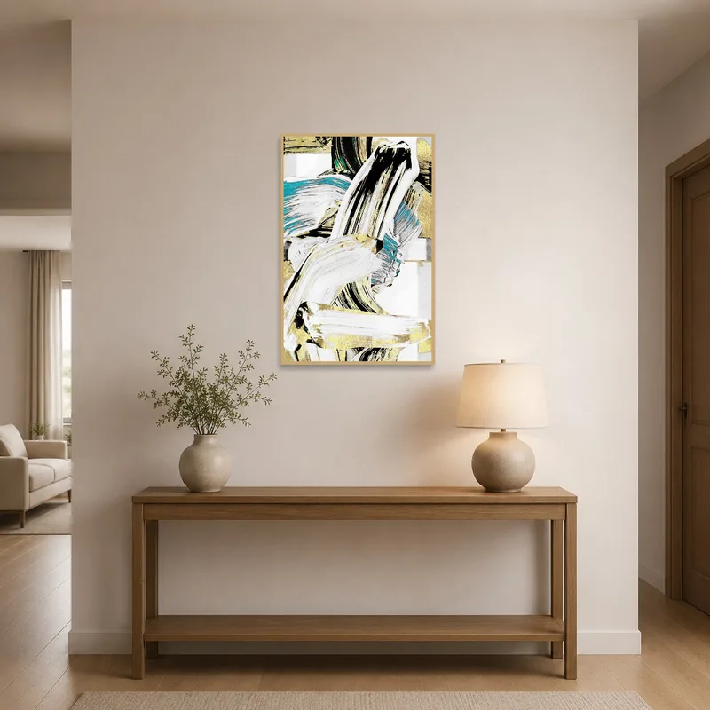 Entrance hall adorned with a captivating dynamic abstract brushstroke print.