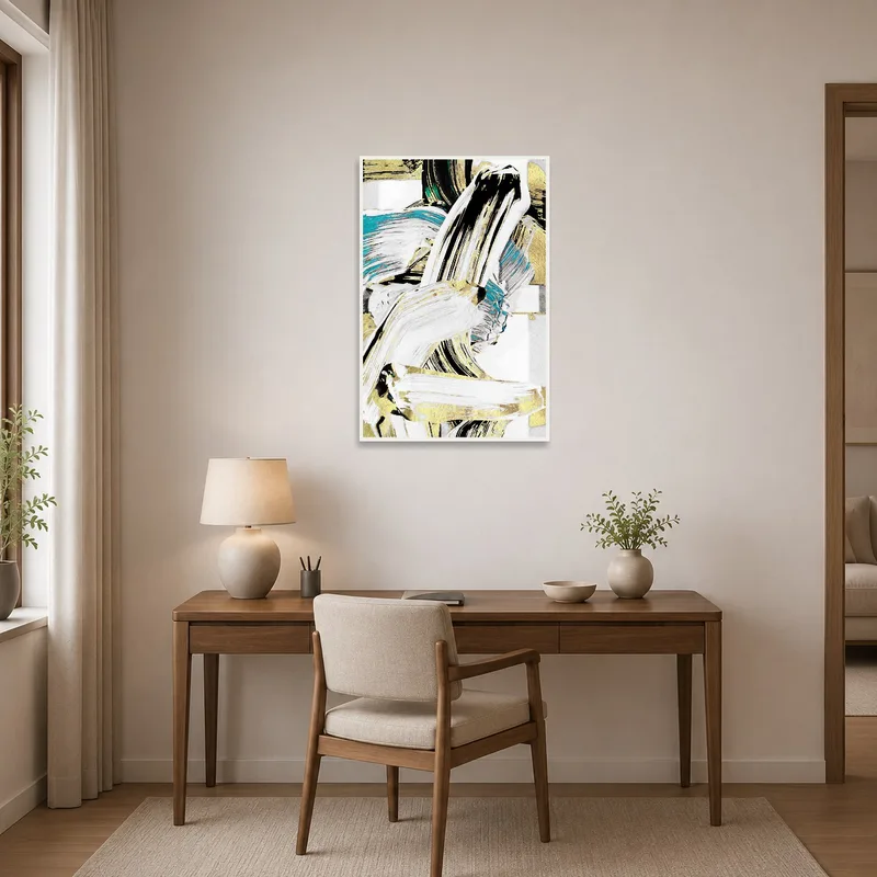 Home office featuring a dynamic abstract brushstroke print for inspiration.