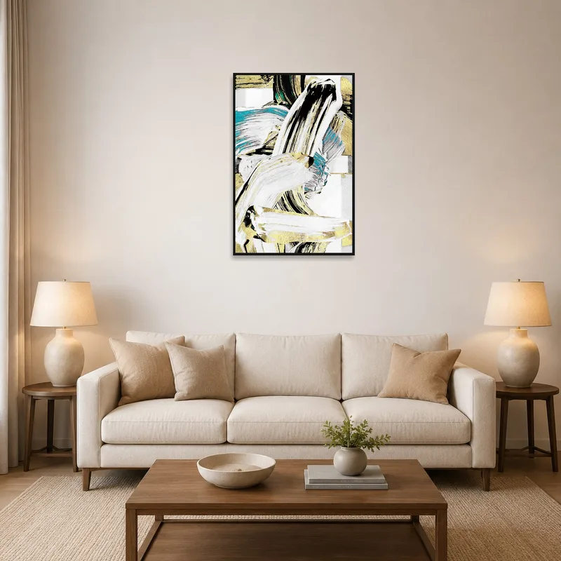 Dynamic abstract brushstroke art print on a wall in a stylish living room.