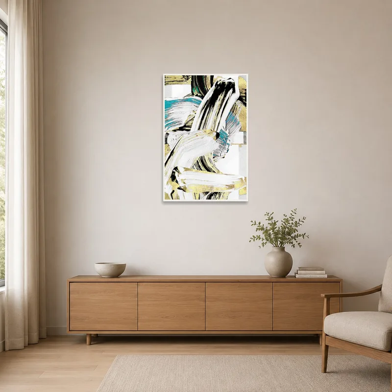 Minimalist space highlighting a dynamic abstract brushstroke art piece.