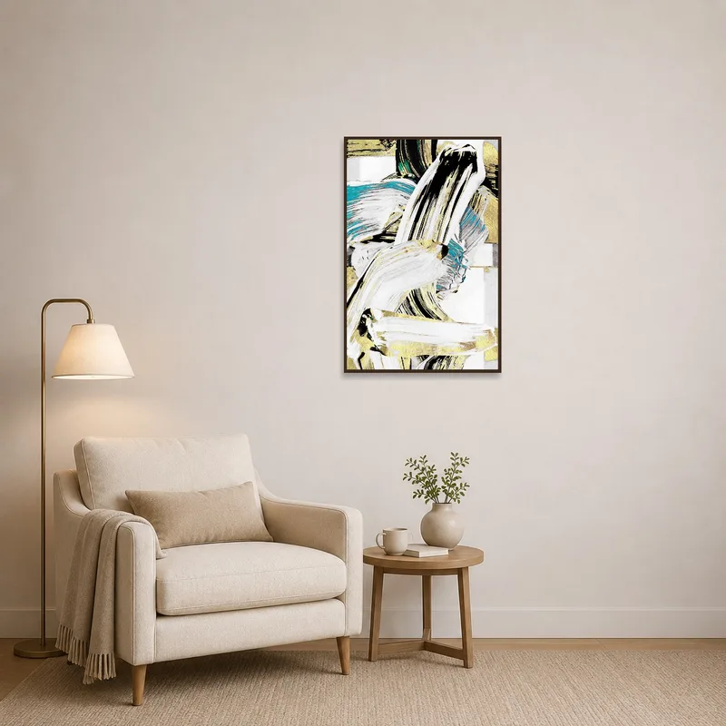 Reading corner enhanced by a dynamic abstract brushstroke art piece.