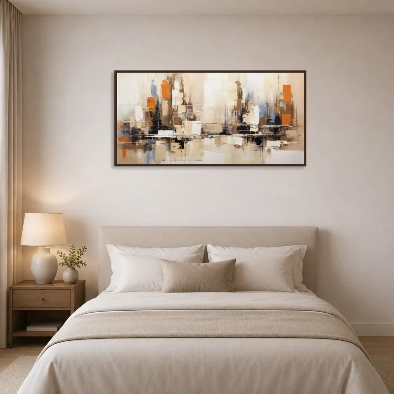 Earthy cityscape lends warmth to a calming bedroom.