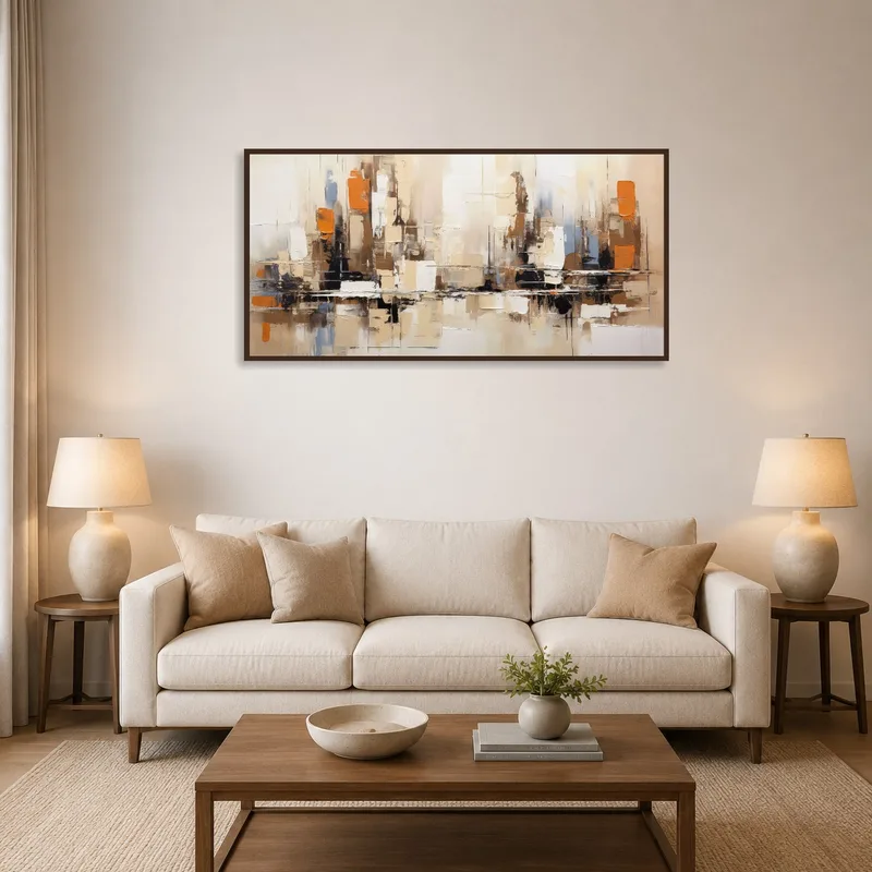 Earth-toned abstract cityscape hanging in a cozy living room.