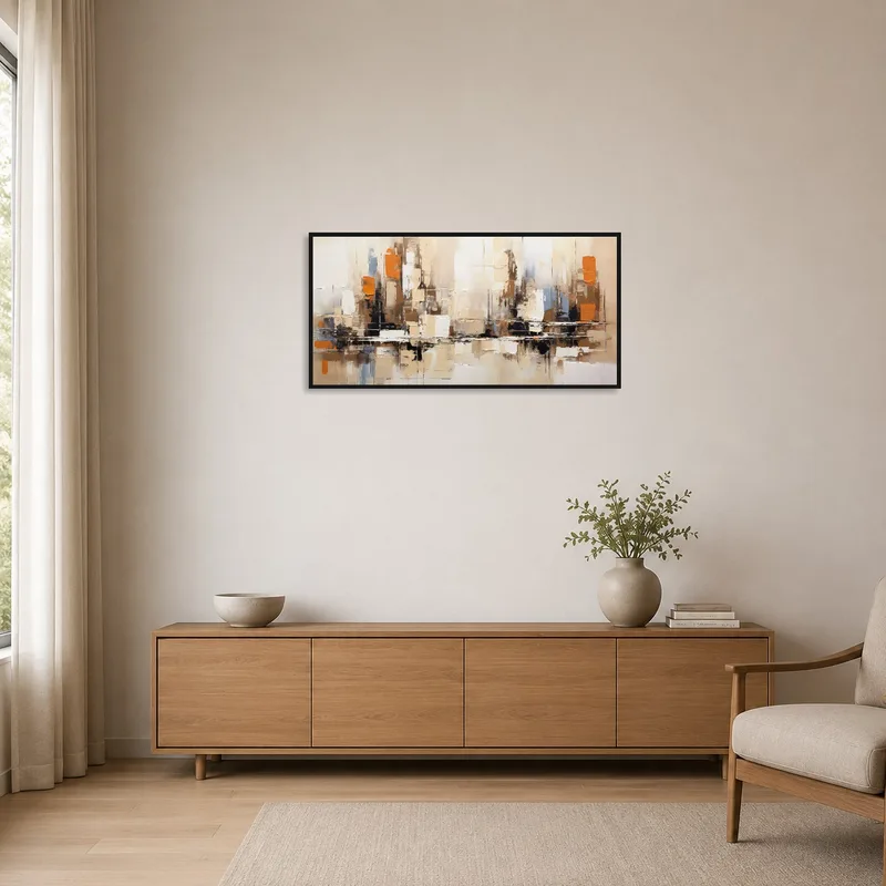 Abstract cityscape adds contrast to a minimalist room.