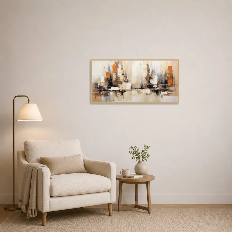 Cityscape art piece complements a serene reading corner.
