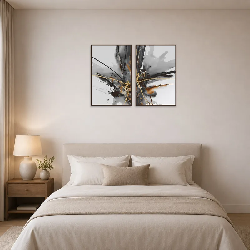 Bedroom wall features a captivating abstract piece in shades of black, brown, and gold.