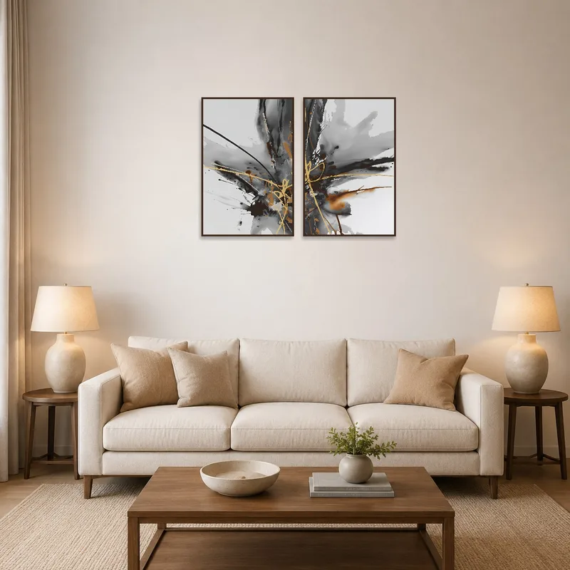 Abstract art with black, brown, and gold colors adds elegance to a living room wall.
