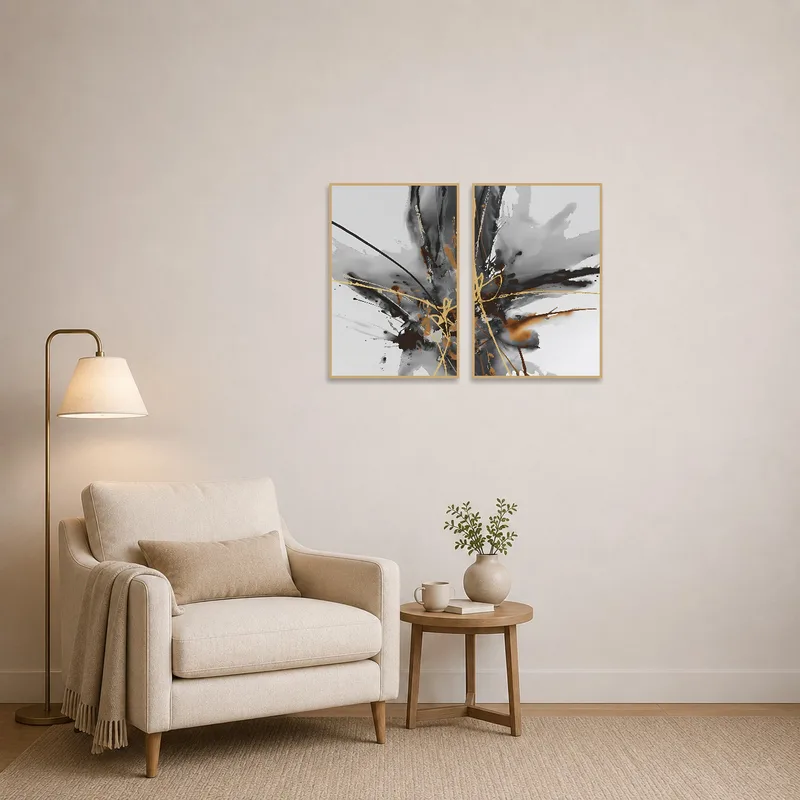 Reading corner enhanced by a dynamic abstract composition in black, brown, and gold hues.