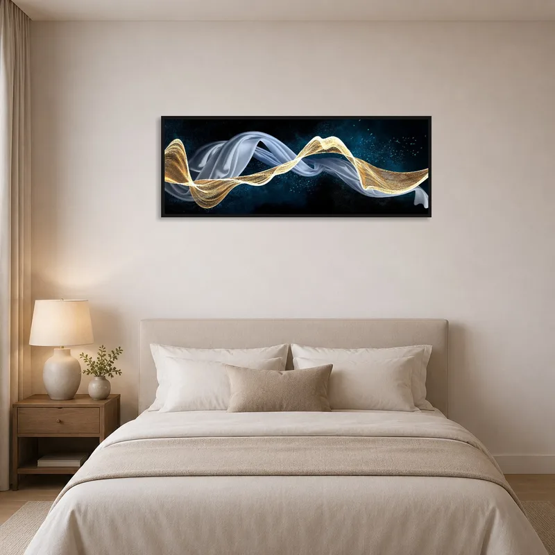 Bedroom wall embellished with soothing abstract art in blue and gold tones.