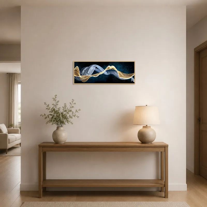 Blue and gold abstract art welcomes guests in a spacious entrance hall.