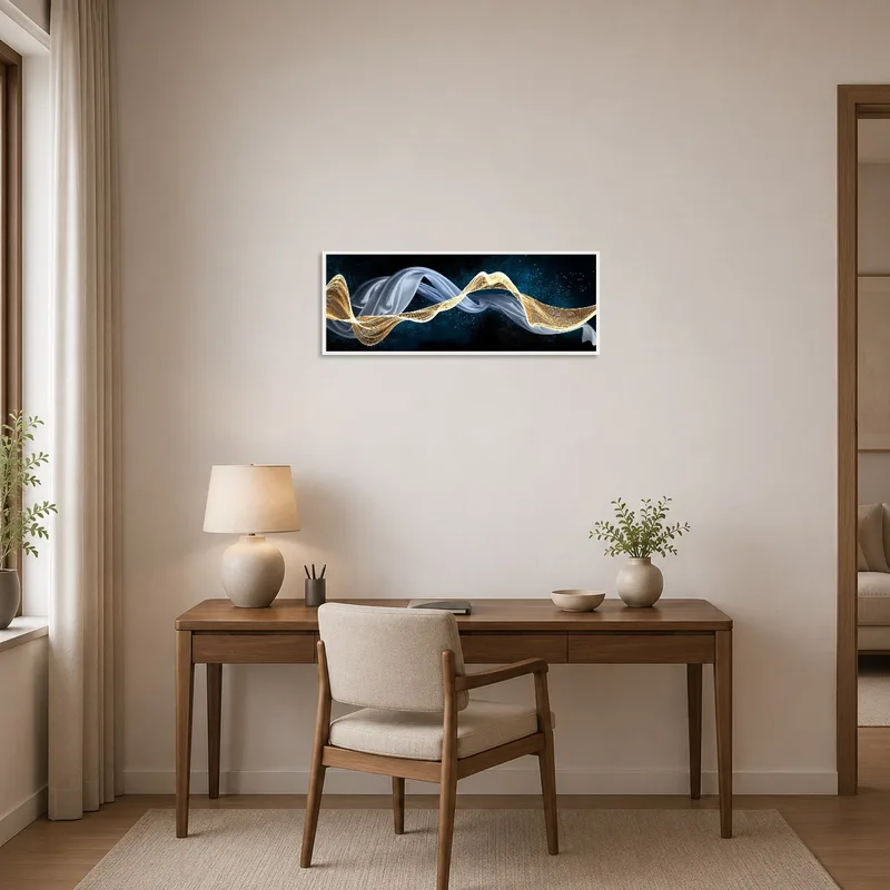 Home office accented by an inspiring abstract artwork in blue and gold hues.