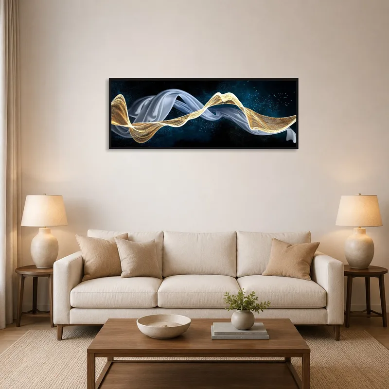 Abstract artwork in blue and gold hues adorns a modern living room wall.