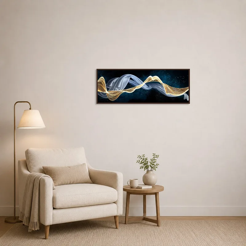 Cozy reading corner enhanced by a vibrant abstract piece in blue and gold.