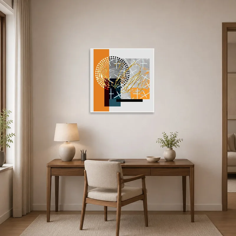 Geometric artwork energizing a home office with vibrant hues.