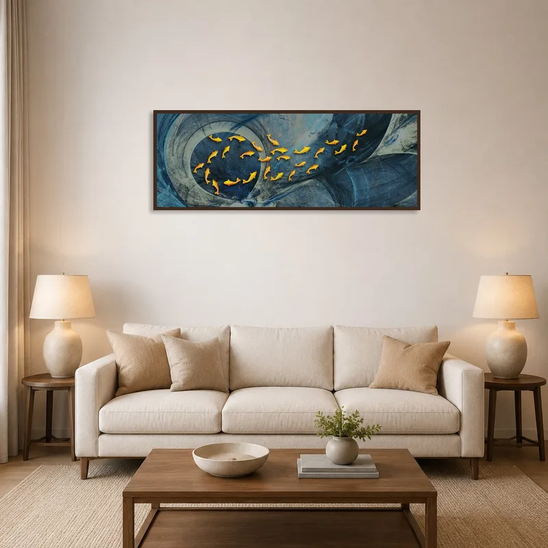 Dynamic abstract koi fish art on a living room wall complements the cozy seating area.
