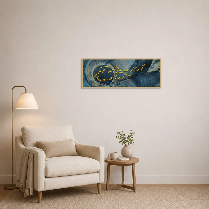 In the reading corner, abstract koi fish art inspires reflective thoughts.