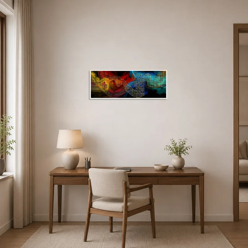 Creative swirl art inspires in a modern home office environment.