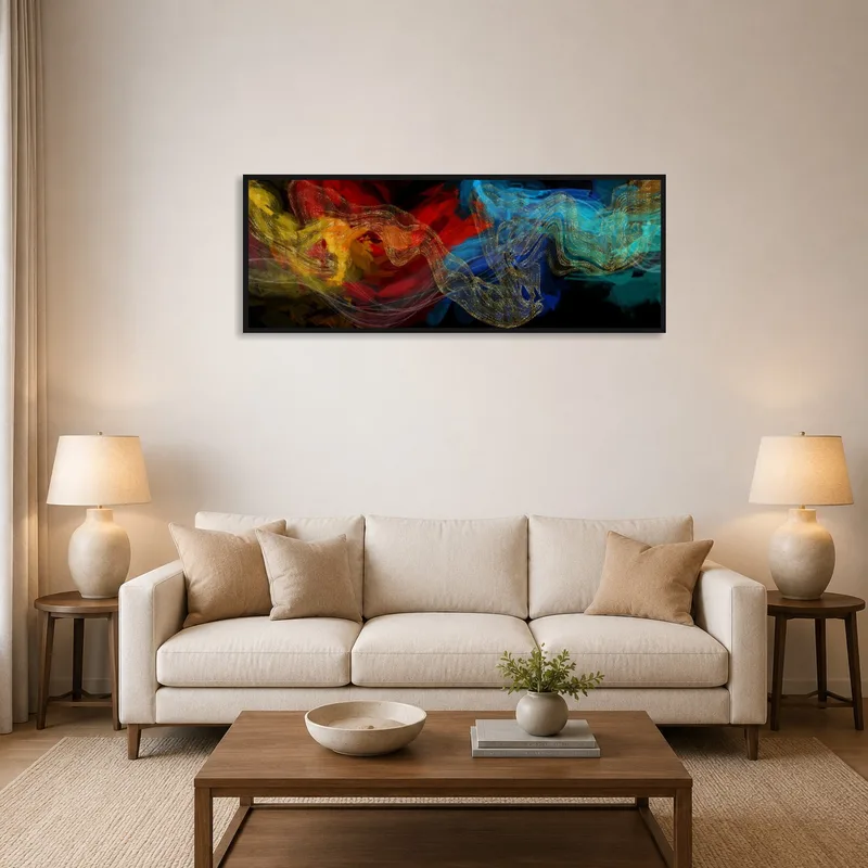 Panoramic art with dynamic swirls on a living room wall.