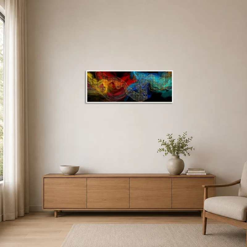 Bold swirl design hanging as the focal point in a minimalist room.