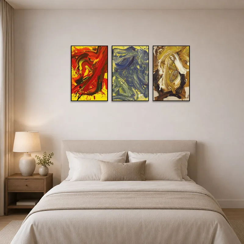 Vibrant abstract art enhances a serene bedroom atmosphere above the bed.