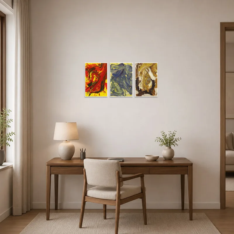 Bold abstract triptych energizes a contemporary home office space.
